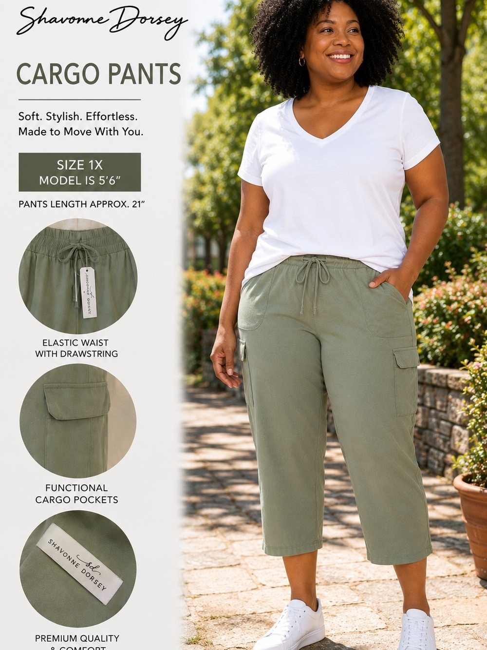 Shavonne Dorsey 1X Sage Green Cargo Pants Stretch Pull On NWT